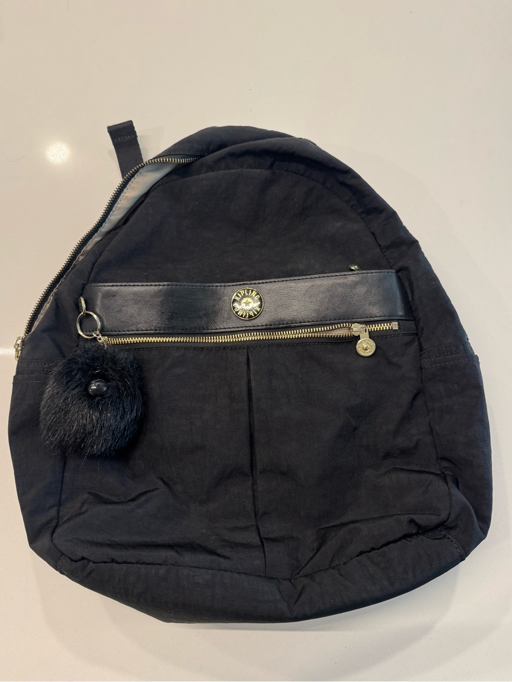 Kipling Black Nylon Backpack with Pom Pom Charm